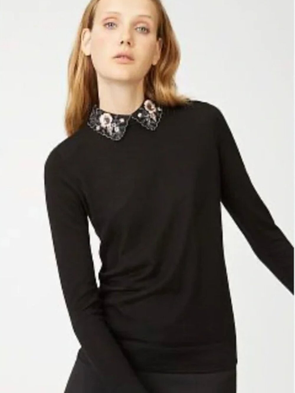 Club Monaco 100% Wool Sequin Peter Pan Collar Sweater Black Size L EUC